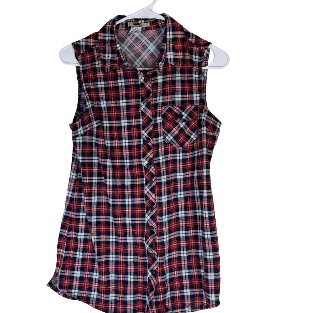 Love Potion Plaid Button Down Tank Top Womens Medium Red Navy Blue Sleeveless